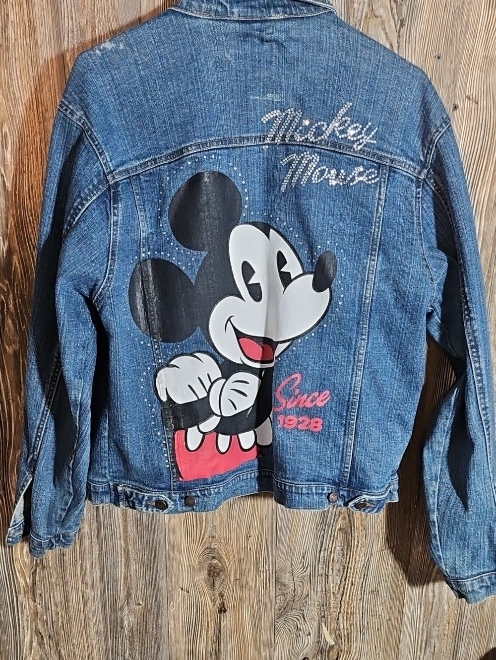 Disney Mickey Mouse Denim Jacket in Blue with Black & Red Accents